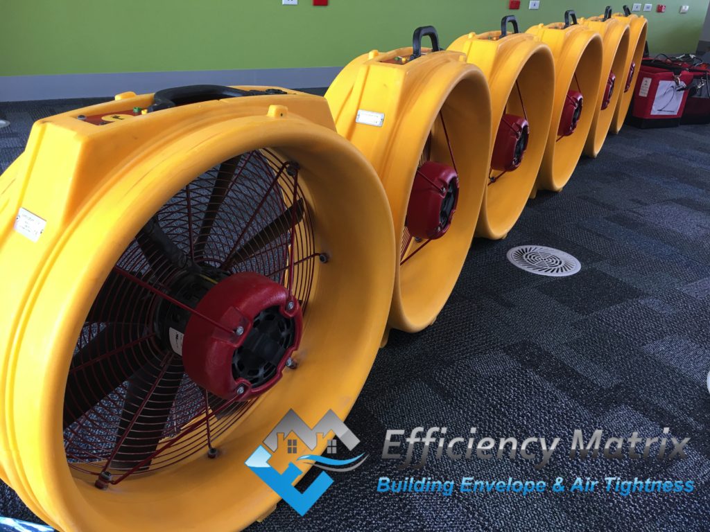 6 blower door fans lined up