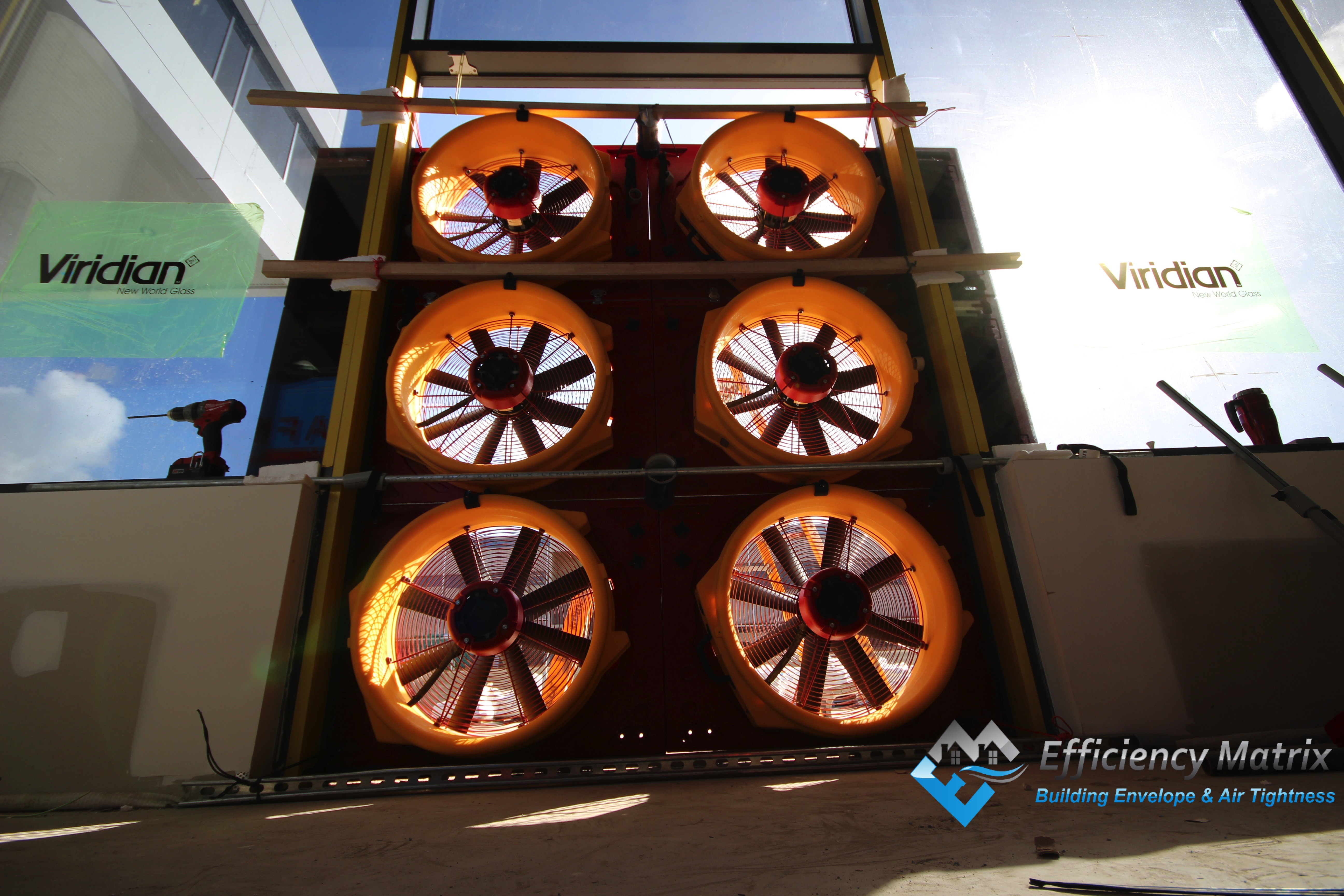6 Fan Retrotec Blower Door setup - Efficiency Matrix Commercial Blower Door setup.