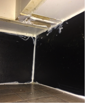 Caulked kitchen cupboards, behind.